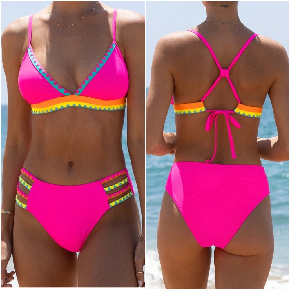 Vibrant Color Block Triangle Cut out High Waisted Bikini Swimsuit